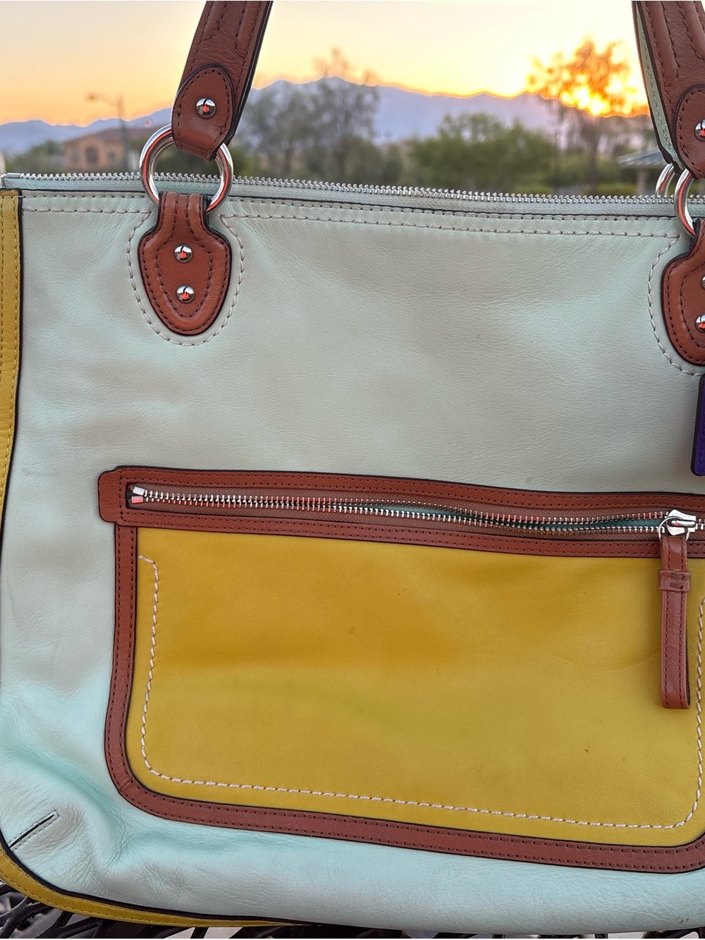 Coach Mint Green and Yellow Leather Shoulder Bag with Brown Trim - Picture 8 of 9